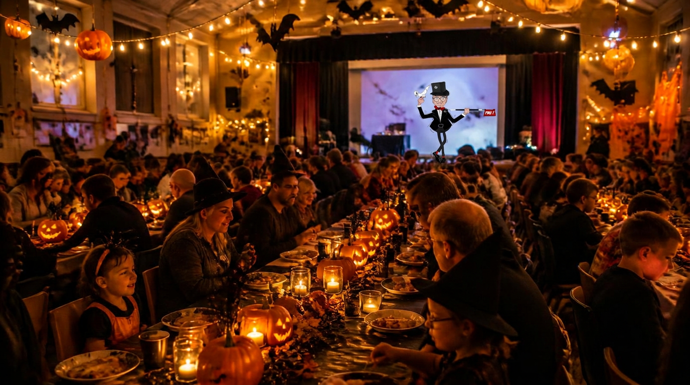 Salle de l'école décorée pour un souper spectacle d'Halloween avec citrouilles et familles attablées